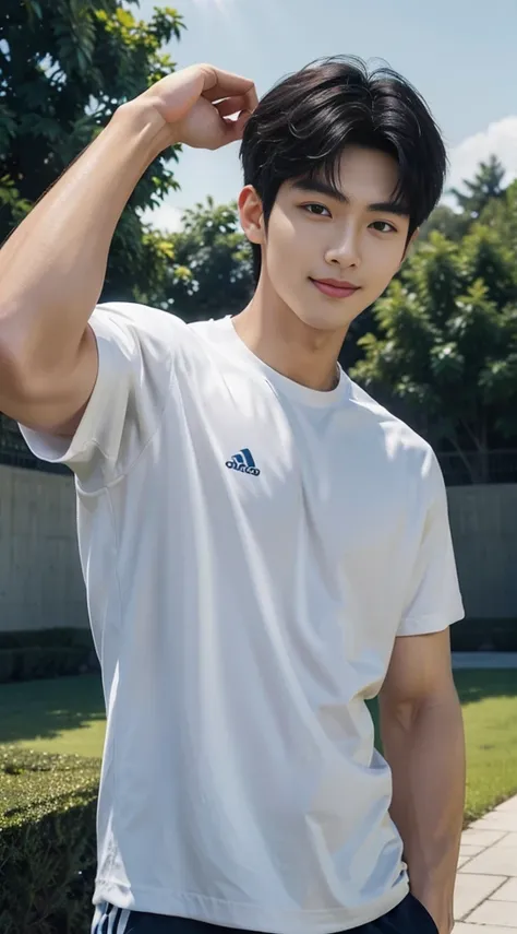 (As a matter of fact, Masterpiece, 8k HD, good light quality, sportswear, fit the face, complicated details), A handsome, muscular young Korean man. , 20 years old, be happy, smile brightly, detailed face, delicate eyes, มองดูsky, Wear casual clothes, peri...