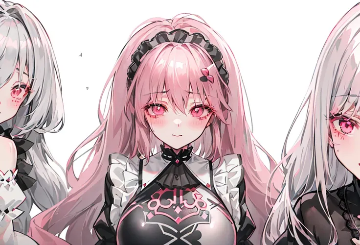 blush-silver straight long hair、straight strong bangs, (Happy eyes: 1.8) (The left eye is gray: 1.5)(The right eye is dusty rose: 1.5) (Looking forward: 1.5)( character in black and gray and rose red leather lace diamond ornamented costume, anime girls , C...