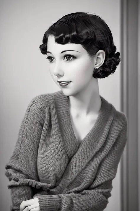 a black and white photo of a woman with a plaid sweater, 1 9 3 0 s haircut, 1 9 4 0 s haircut, 1 9 2 0 s hairstyle, taken in the early 1930s, in her early 20s, 1930s photograph, september 1937, 1930s film still