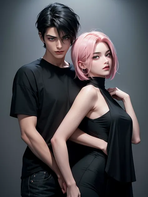 A tall handsome young man with black hair, with long black hair gathered in a tight ponytail, short bangs, black eyes, he is wearing a white T-shirt and white jeans and he hugs an incredibly beautiful femme fatale young woman, she has a pink hair with a ve...