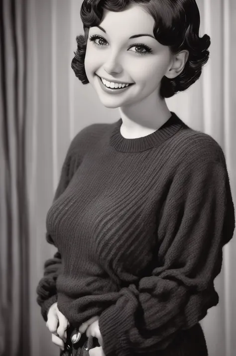 a black and white photo of a woman with a plaid sweater by Albert Nemethy, flickr, op art, 1 9 3 0 s haircut, 1 9 4 0 s haircut, 1 9 2 0 s hairstyle, taken in the early 1930s, in her early 20s, 1930s photograph, september 1937