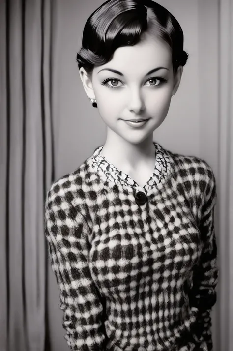 a black and white photo of a woman with a plaid sweater by Albert Nemethy, flickr, op art, 1 9 3 0 s haircut, 1 9 4 0 s haircut, 1 9 2 0 s hairstyle, taken in the early 1930s, in her early 20s, 1930s photograph, september 1937