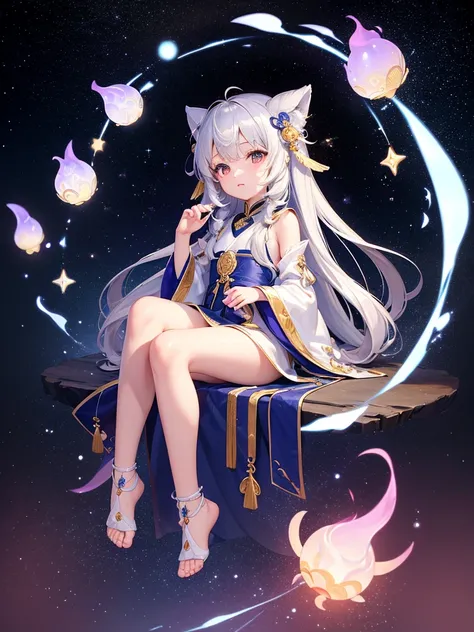 独奏，Little Loli，masterpiece, high resolution, best quality, Very detailed,wallpaper，Space starry sky background，Cute and cute，Silver long hair，Height one meter five，V-shaped jumpsuit，Full body picture,No shoes，Very small feet，Feet made of white jade，Detail ...