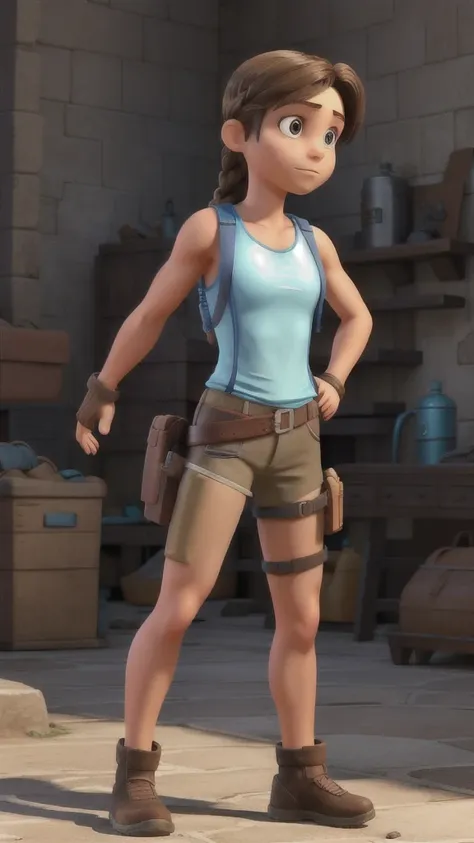 lara croft, single braid, blue tank top, brown shorts, fingerless gloves, holster 
dynamic pose, upper body