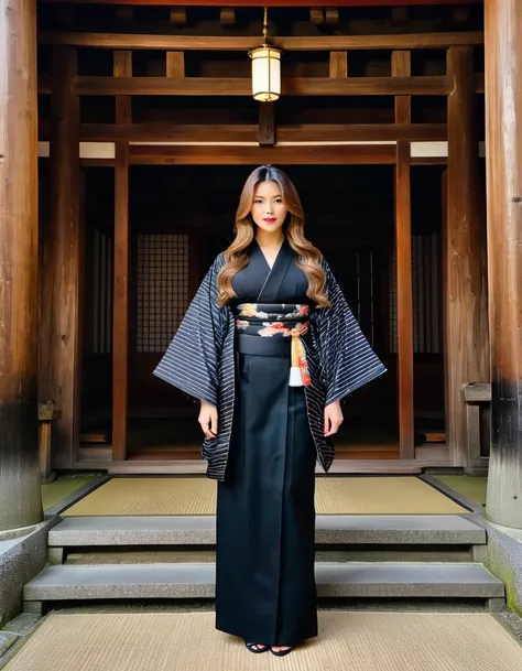 A woman with long brown hair, dressed in a black traditional kimono, standing in a historical Japanese temple.