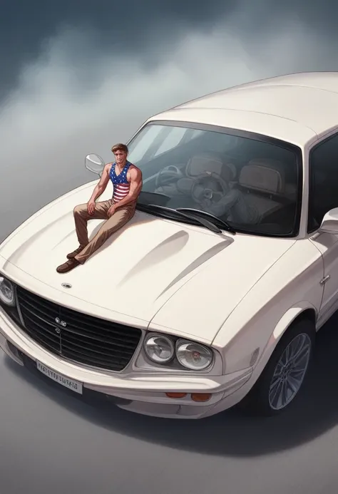 A handsome 14-year-old boy with blond hair and white skin, wearing American flag leotards and leaning against a white Peugeot 206 car. The air is dark and foggy, a soft light shines towards him from above.  Beautiful boy with shapely body, realistic, 3D re...