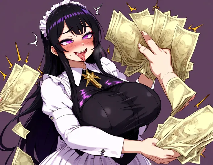 A ahegao maid blushing holding money and excited. black long hair and purple eyes. Anime Art Style. Purple Background with much money and gold.