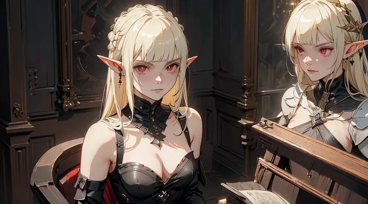 (((​masterpiece))) ((( backdrop = horror theme : in the night time : inside dark creepy room : dark : Detail ))) (((Character = young elf female : elegant long blonde hair with straight bangs : red eye : trained body: Mid Chest : wearing sexy darklord armo...