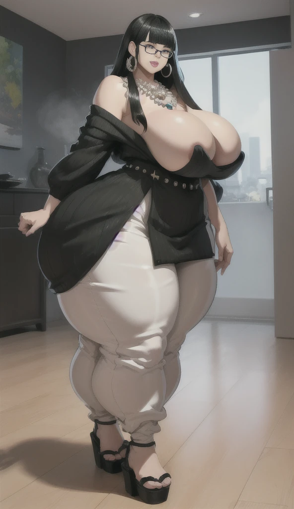 ((best quality)), ((masterpiece)), (detailed), perfect face, thicc woman,  beautiful face , thicc girl , widest hips , thicc , thicc body , thicc thighs , slim arms, huge large breasts, her body is thicc, full body view, dark-black room, black bokeh backgr...