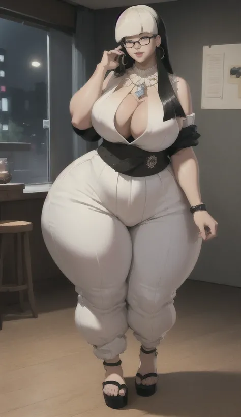 ((best quality)), ((masterpiece)), (detailed), perfect face, thicc woman,  beautiful face , thicc girl , widest hips , thicc , thicc body , thicc thighs , slim arms, huge large breasts, her body is thicc, full body view, dark-black room, black bokeh backgr...