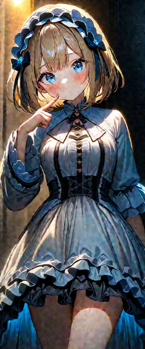 (((One girl))), blond hair, bob cut, breasts, from front, (cowboy shot), (looking at viewer), (((gothic lolita:1.3))), lolita hairband short dress, bare legs, index finger to own mouth, arm at side, face in focus, teenager, head tilt:1.3, (((blue eye))), (...