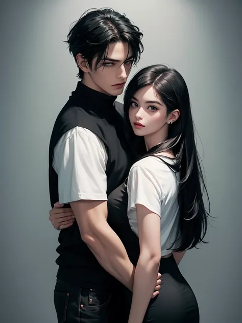 A tall handsome young man with black hair, with long black hair gathered in a tight ponytail, short bangs, black eyes, he is wearing a white T-shirt and white jeans and he hugs an incredibly beautiful femme fatale young woman, she has a pink hair with a ve...