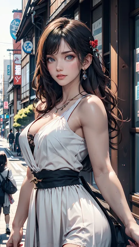 1 female, Black Hair, Blue Eyes, Delicate face, cute, Love Earrings, White Dress, Playful, Ultra HD, masterpiece, Highest quality, Super detailed, Accurate、At Ijinkan Street in Kobe, Hyogo Prefecture, Japan