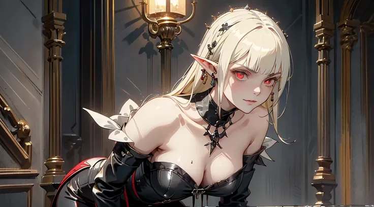 (((​masterpiece))) ((( backdrop = horror theme : in the night time : inside dark creepy room : dark : Detail ))) (((Character = young elf female : elegant long blonde hair with straight bangs : red eye : trained body: Mid Chest : wearing sexy darklord armo...