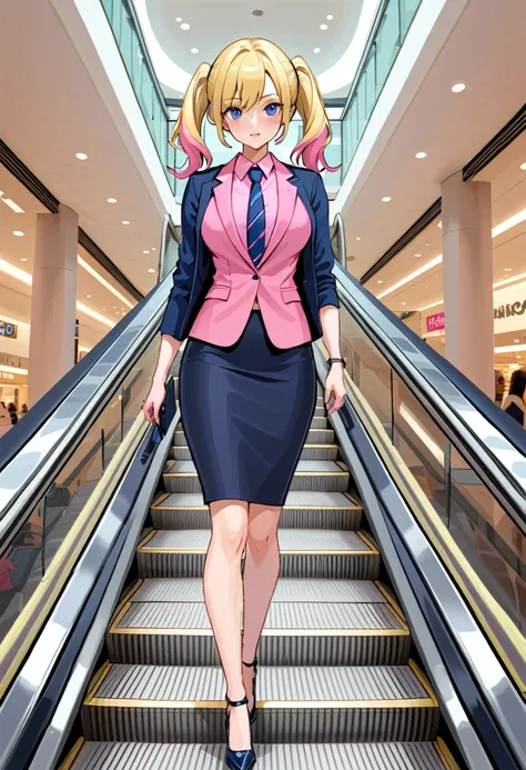 (pretty woman, twin tails, blonde hair, multicolored hair), BREAK, (navy-blue blazer, pink shirt with navy-blue tie, navy-blue pencil skirt, black heel cutshoes), BREAK, (navy-blue blazer, pink shirt with navy-blue tie, navy-blue pencil skirt, black heel c...