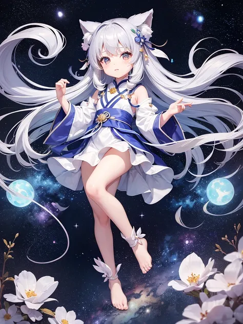 独奏，Little Loli，masterpiece, high resolution, best quality, Very detailed,wallpaper，Space starry sky background，Cute and cute，Silver long hair，Height one meter five，V-shaped jumpsuit，Full body picture,No shoes，Very small feet，Feet made of white jade，Detail ...