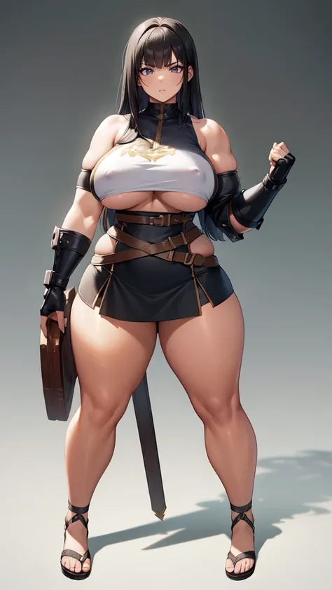 (masterpiece), best quality, female warrior, huge girl, female muscular:1.2, straight hair, black hair, curvy, ((thick thighs:1.4)), (((blank background))), ((full body)), fingerless gloves, sandals, sleeveless, covered nipples, (underboobs:1.3), medium ha...