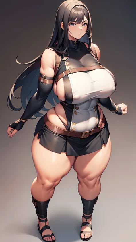 (masterpiece), best quality, female warrior, huge girl, female muscular:1.2, straight hair, black hair, curvy, ((thick thighs:1.4)), (((blank background))), ((full body)), fingerless gloves, sandals, sleeveless, covered nipples, (underboobs:1.3), medium ha...