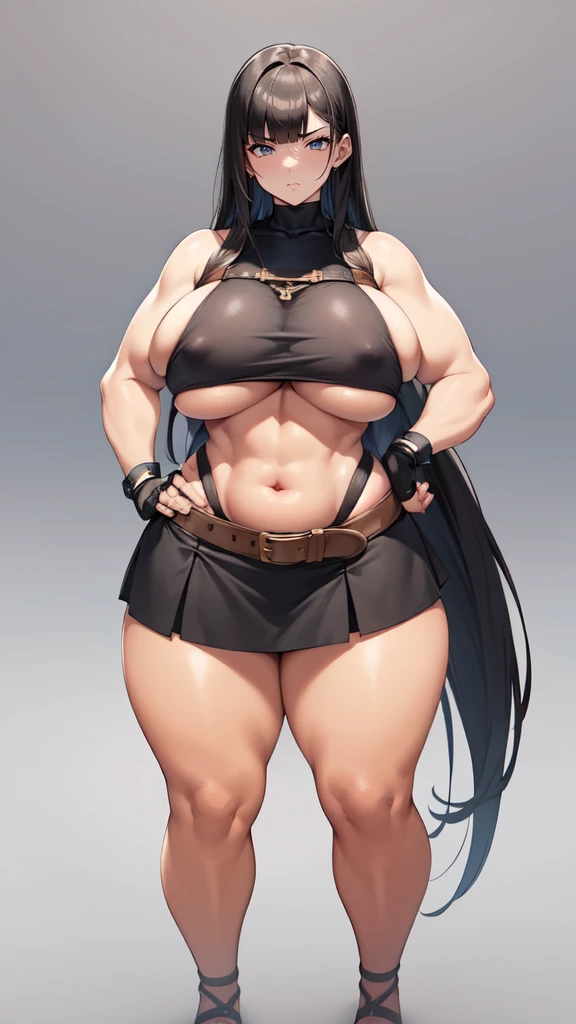 (masterpiece), best quality, female warrior, huge girl, female muscular:1.2, straight hair, black hair, curvy, ((thick thighs:1.4)), (((blank background))), ((full body)), fingerless gloves, sandals, sleeveless, covered nipples, (underboobs:1.3), medium ha...