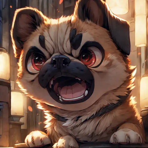 Pug dog puppy、One animal、Barking with an angry face