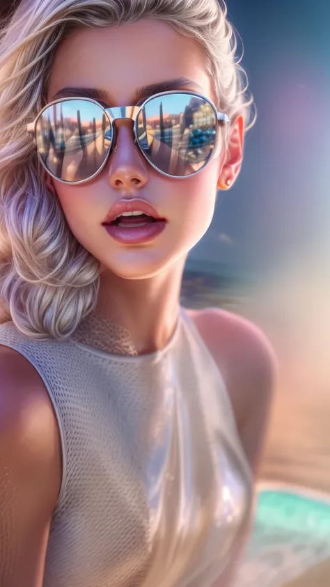 a beautiful young female model wearing sunglasses, photoshoot for a magazine, cute pose, full body, summer sunshine, silver hair, blue eyes, detailed face, detailed eyes, detailed lips, long eyelashes, beautiful skin, elegant hairstyle, dynamic pose, natur...