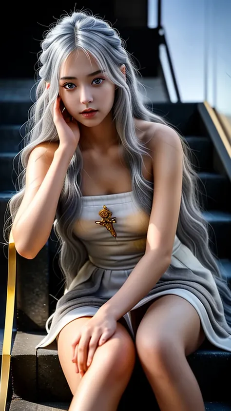 high detail, clarity, 8 kilometers, throne of fire, young woman,18-year-old, light grey hair,long hair, yellow eyes, blue sky in...