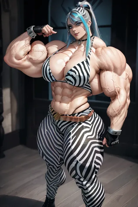 (((Massive tall, beautiful, buff, pale white skinned muscular woman with cyan hair, black lipstick, ginormous bulky muscles and wearing a beautiful zebra printed unbuttoned top with a beautiful zebra printed tight pants))), (close view), massive muscle, ma...