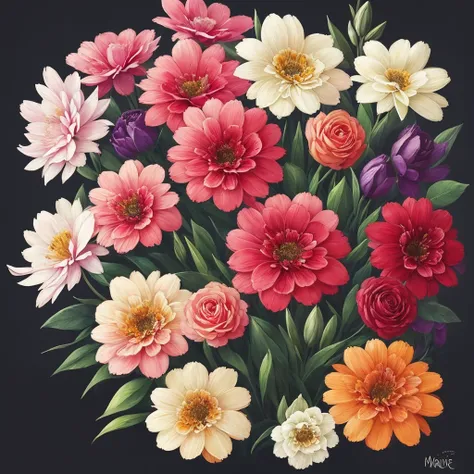 a close up of a bunch of flowers with a dark background, a digital painting by Marie Bashkirtseff, trending on cgsociety, digital art, 🌺 cgsociety, beautiful!!! digital art, gorgeous digital art, beautiful detail and color, beautiful color art!, great pint...