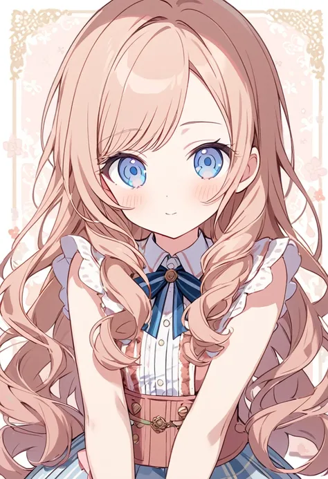 Generate an image of Honami Mochizuki from Project Sekai. She is a high school student with long, waist-length hair in a rosy brown color, with gentle curls throughout.Her side hair is shorter and also slightly curled. She has straight-cut bangs,that frame...