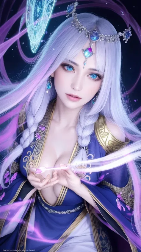 (masterpiece, top quality, 1 female, solo, exquisite details, chromatic aberration), (realistic), (skin), ((breathing)), (silver hair, blunt bangs, short straight long hair, short bangs, silver hair), beautiful hair, red headdress, blue highlights, hair ov...