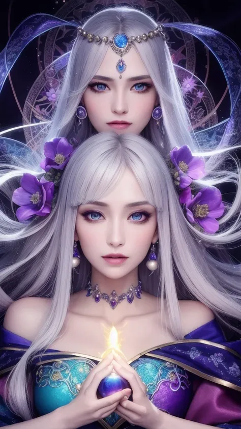 (masterpiece, top quality, 1 female, solo, exquisite details, chromatic aberration), (realistic), (skin), ((breathing)), (silver hair, blunt bangs, short straight long hair, short bangs, silver hair), beautiful hair, red headdress, blue highlights, hair ov...