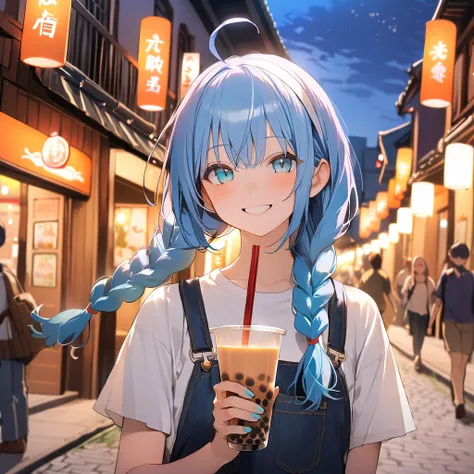 1girl, light-blue hair, long hair, twin braids, ahoge, white hairband, aqua eyes, white cropped t-shirt and jeans, smiling holding a boba tea, background street, peoples, buildings, road, night, night_sky, clouds