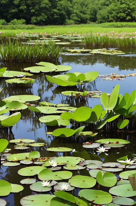 there are many water lillies in the water and some grass, small reeds behind lake, bullrushes, aquatic plants, reeds, marsh, marsh vegetation, lily pads, green lily pads, pond, in a pond, water lilies, alpine pond with water lilies, pond with frogs and lil...