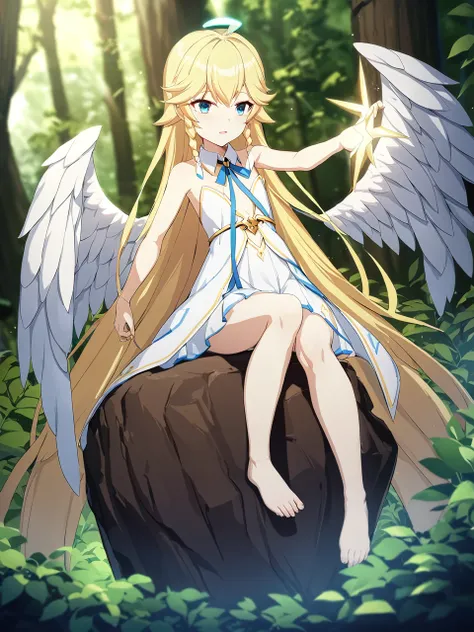 zaora, blue eyes, (variegated eyes:0.5), blonde, very long hair, twin blade, bangs, ahoge, hello, angel, flat chest, white dress...