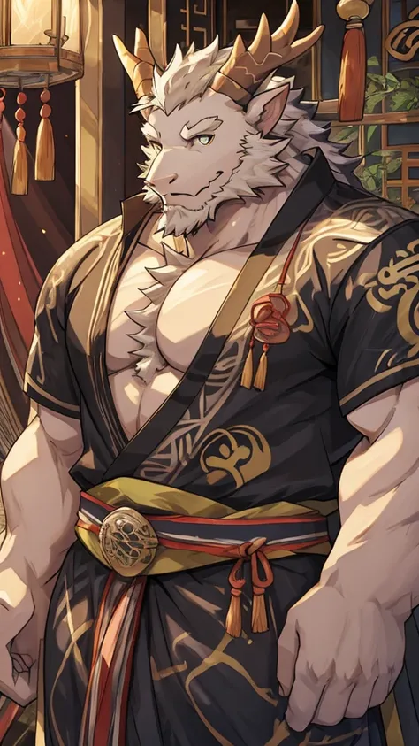 (white eastern dragon),furry,white mustache,big pecs,hearty males,muscular,black imperial robe,naked,adult,traditional_chinese_room，head portrait