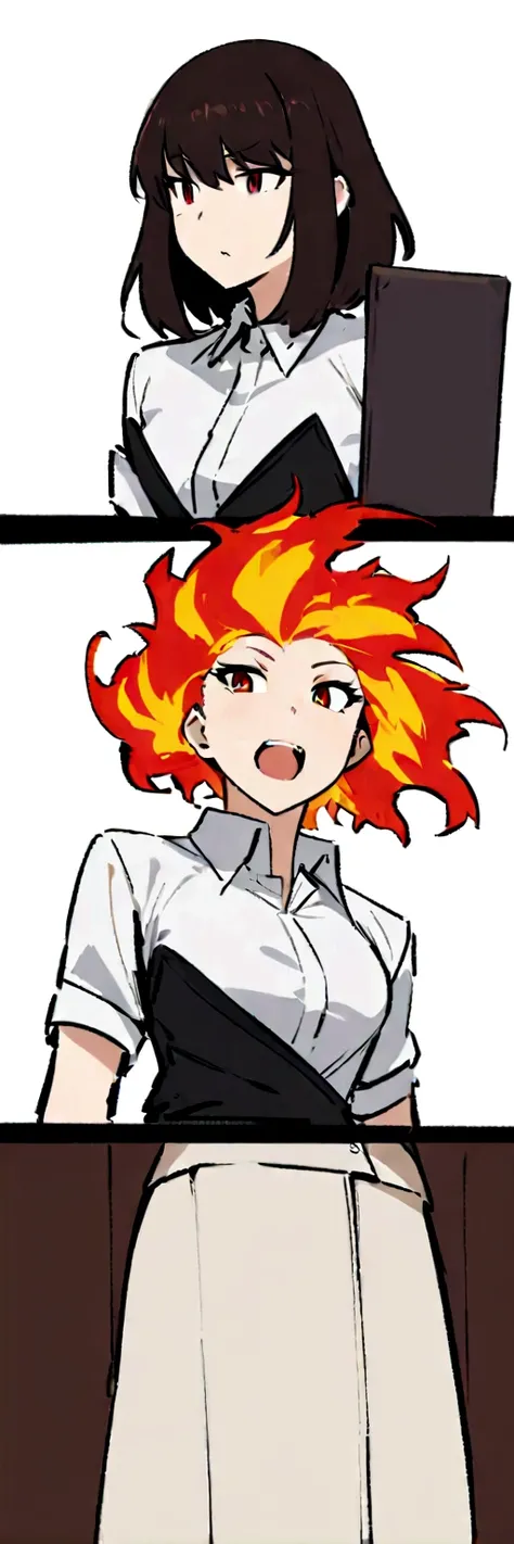 Dnd, fire ganassi, secretary, animated female, flat chested, flaming hair