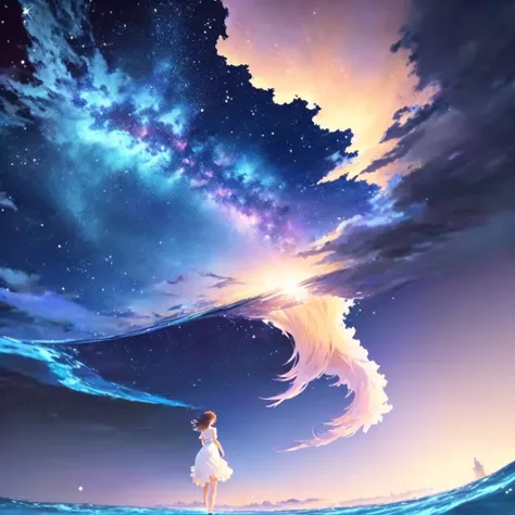 anime, a girl in a white dress is floating in the water, makoto shinkai cyril rolando, anime girl walking on water, anime movie background, beautiful anime scene, todays featured anime still, anime film still, screenshot from the anime film, anime still fi...