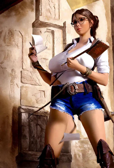 a rugged adventurer woman, dirty button up shirt, no bra, rugged shorts, gun belt, bull whip, reading glasses, rugged boots, studying a note journal, reading hieroglyphs on the wall, ruins, detailed portrait, realistic, photorealistic, photo-realistic, HDR...