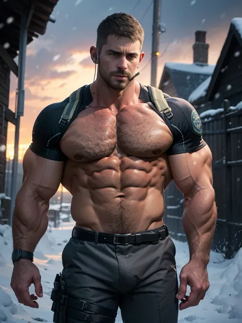 Dark gothic village in the background, old Chris Redfield from Resident Evil 8, 48 year old, muscular male, tall and hunk, biceps, abs, chest, (pecs:1.3), (muscle:1.3), no top clothes,  topless, underwear, bulge, shoulder holster, earpiece, belt, thick bea...