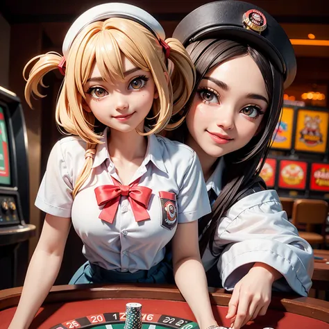 happy and smile, {{indonesian girl}}, {wearing high school uniform}, teasing and waiting customer play, standing, playing in casino, red casino background, polite and kind, Sweet Face, roulette table, poker table, big slot machines right and left, win jack...