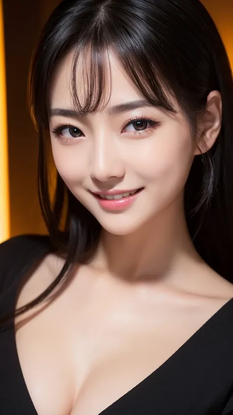 (Super beautiful woman)、((highest quality、8K masterpiece:1.3))、sharp focus:1.2、(super beautiful face:1.0)、(shiny skin:1.0)、realistic pictures、black hair、video lighting、High resolution eyes and face、video lighting、japanese actress、from the front、with a happ...