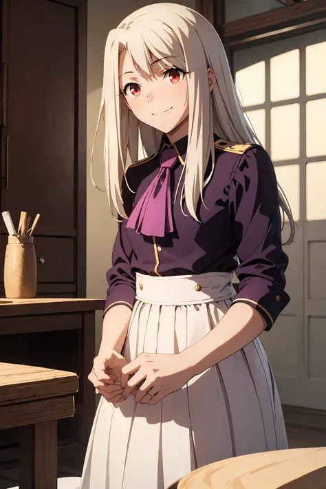 Highest quality, (masterpiece:1.2), Very detailed,
destiny/Background of stay, indoor,
Illyasviel von Einzbern, etc.,
One girl, alone, Sitting, Looking at the audience, Mouth closed, smile,
Long Hair, Gray Hair, Red eyes,
Purple Shirt, Ascot, White Skirt