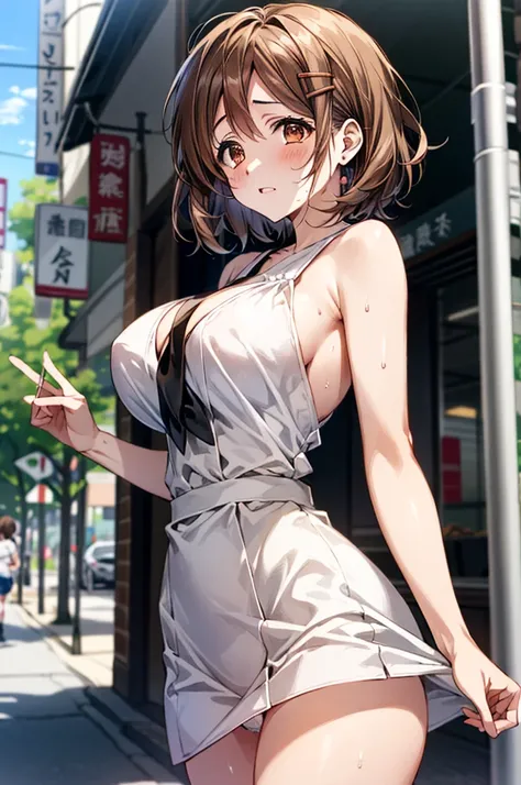 独奏、（No sleeve、White dress white、Armpit）、Toned body、Bare thighs、(short hair、Brown Hair、Barrette、hair ornaments)、(Brown eyes:1.5)、(yuihirasawa、yui hirasawa、Yui Hirasawa)、(Panty shot、White panties、Panties transparent with sweat、Mansuji)、Big Breasts、In town、bu...