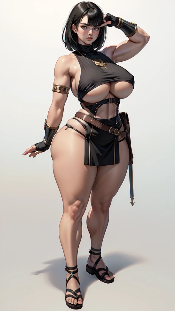 (masterpiece), best quality, female warrior, huge girl, female muscular:1.2, straight hair, black hair, curvy, ((thick thighs:1.4)), (((blank background))), ((full body)), fingerless gloves, sandals, sleeveless, covered nipples, (underboobs:1.3), medium ha...