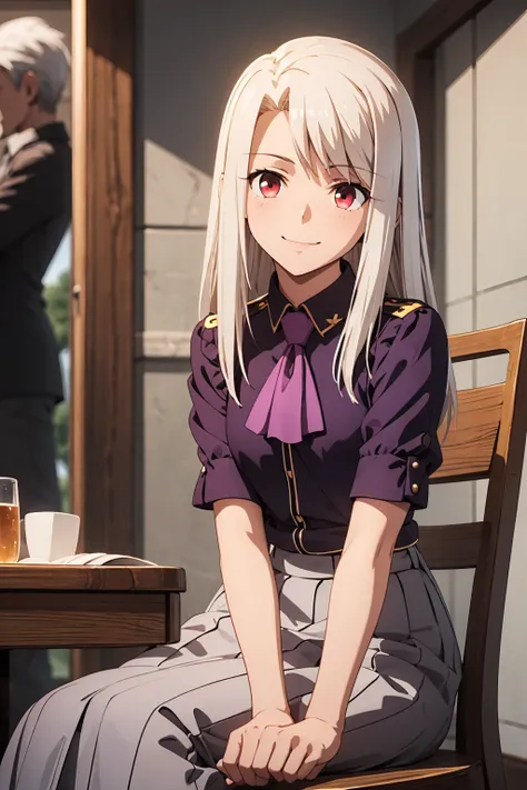 Highest quality, (masterpiece:1.2), Very detailed, destiny/Background of stay, indoor, Illyasviel von Einzbern, etc., One girl, alone, Sitting, Looking at the audience, Mouth closed, smile, Long Hair, Gray Hair, Red eyes, Purple Shirt, Ascot, White Skirt