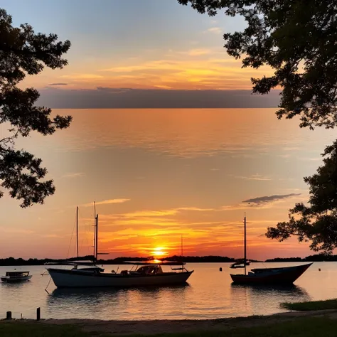 a sunset over the water with a boat in the foreground and trees in the background, warm beautiful scene, beautiful sunset, orange sun set, beautiful sunrise, the most beautiful sunset, sun sunset, orange sunset, sunset red and orange, sunset sunrise, very ...