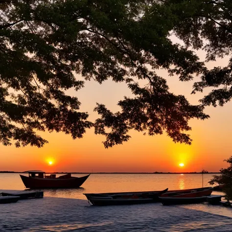 a sunset over the water with a boat in the foreground and trees in the background, a picture by Francisco de Holanda, shutterstock, fine art, warm beautiful scene, beautiful sunset, orange sun set, beautiful sunrise, the most beautiful sunset, sun sunset, ...