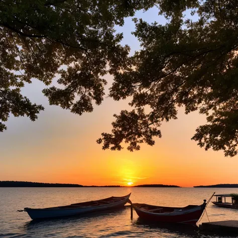 a sunset over the water with a boat in the foreground and trees in the background, a picture by Francisco de Holanda, shutterstock, fine art, warm beautiful scene, beautiful sunset, orange sun set, beautiful sunrise, the most beautiful sunset, sun sunset, ...