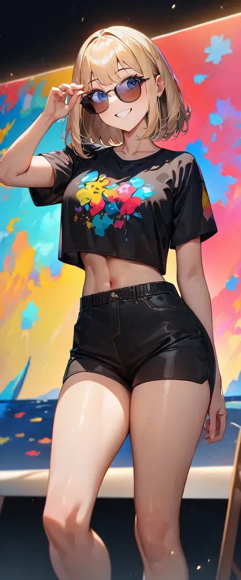 (((One girl))), beach, blond hair, bob cut, breasts, from front, (cowboy shot), standard body, (looking at viewer), ((black shorts)), ((black crop top overhang)), short sleeves, ((sunglasses)), hand to sunglasses, midriff peek, teenager, head tilt:1.3, (((...