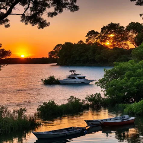 a sunset over the water with a boat in the foreground and trees in the background, warm beautiful scene, beautiful sunset, orange sun set, beautiful sunrise, the most beautiful sunset, sun sunset, orange sunset, sunset red and orange, sunset sunrise, very ...